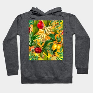 tropical exotic botanical illustration with floral tropical fruits, botanical pattern, fruit pattern, Yellow fruit pattern over a Hoodie